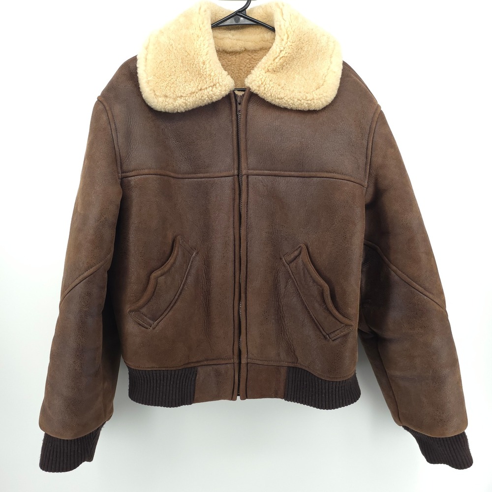 Overland Sheepskin Co Men Bomber Jacket 42 Brown Aviator Shearling Flight